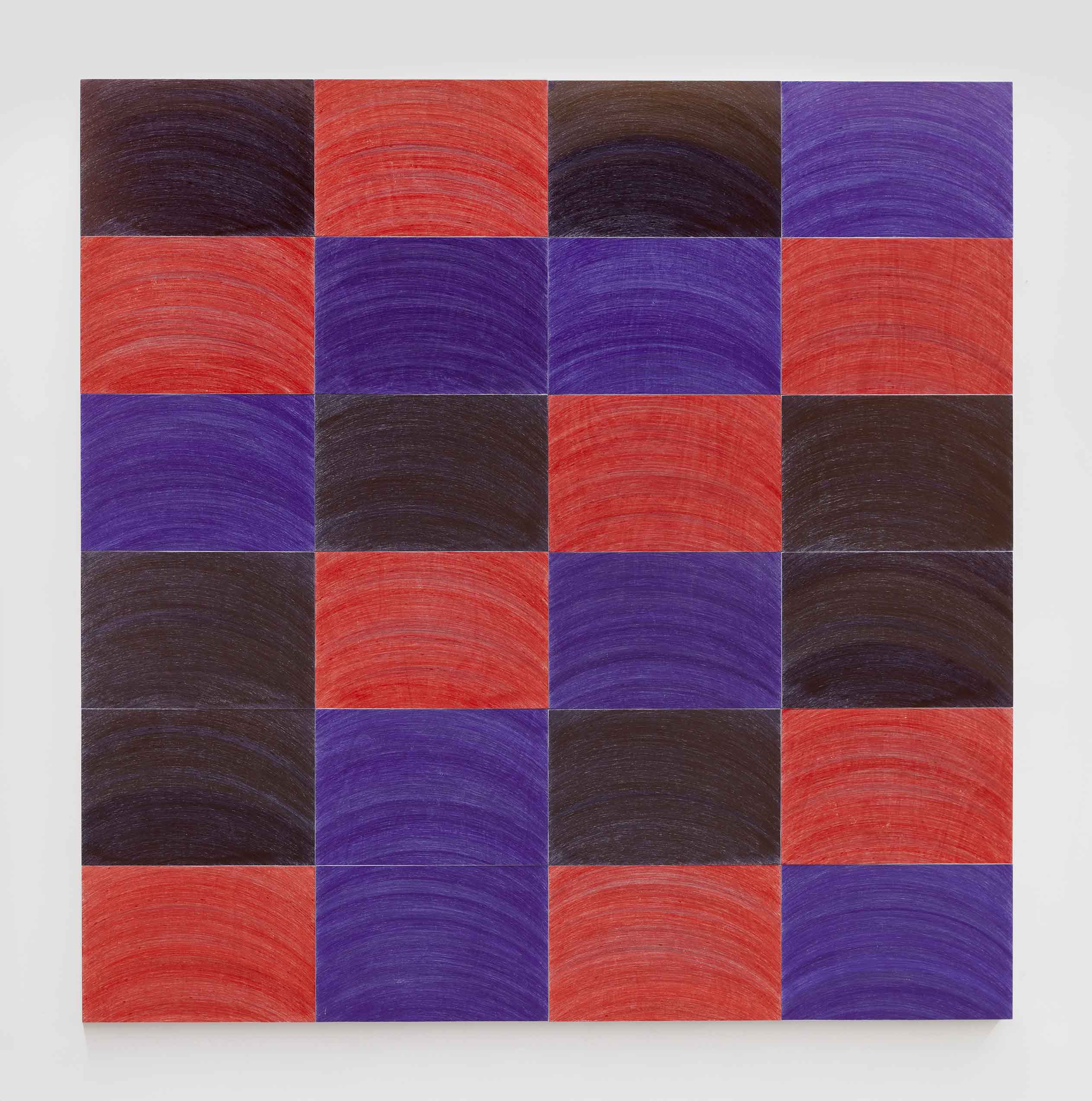 Elise Nguyen Quoc, <i>Some Aspects of Color in General and Blue and Red and Black in Particular</i>, 2026. Ballpen on wood panel, 94 1/2 x 94 1/2 x 2 in (240 x 240 x 5 cm)